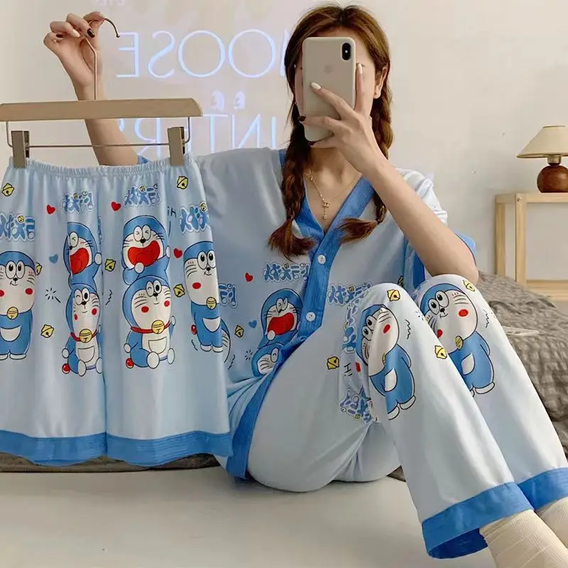 

Женская летняя пижама с коротким рукавом и шортами, модная домашняя одежда с мультяшным принтом, футболка и шорты с Дораэмоном, одежда для сна.