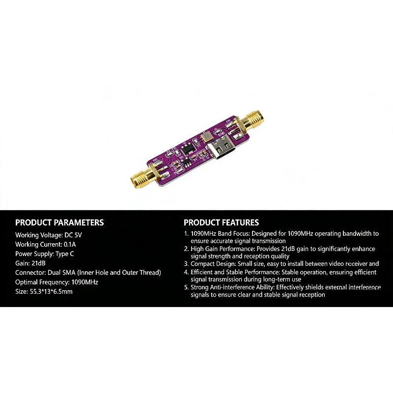 

DC5V 1090MHz ADS-B Active SAW Filter and LNA Low Noise Amplifier Module Type-C