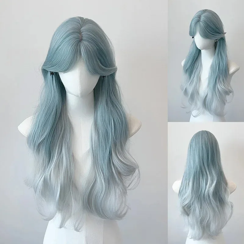

Synthetic Women Lolita Wavy Curly Ombre Mint Blue green Color Long Curly Hair Wigs With Bangs Cosplay Hair Wig For Daily Party