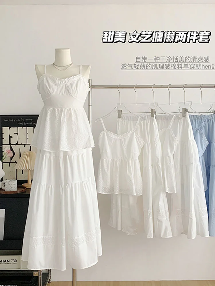 Formal Occasion Outfits 2 Piece Skirt Set Camisole Simple Mori Girl Ins + Elastic Waist A-Line Skirt Sweet Party 2000s Aesthetic