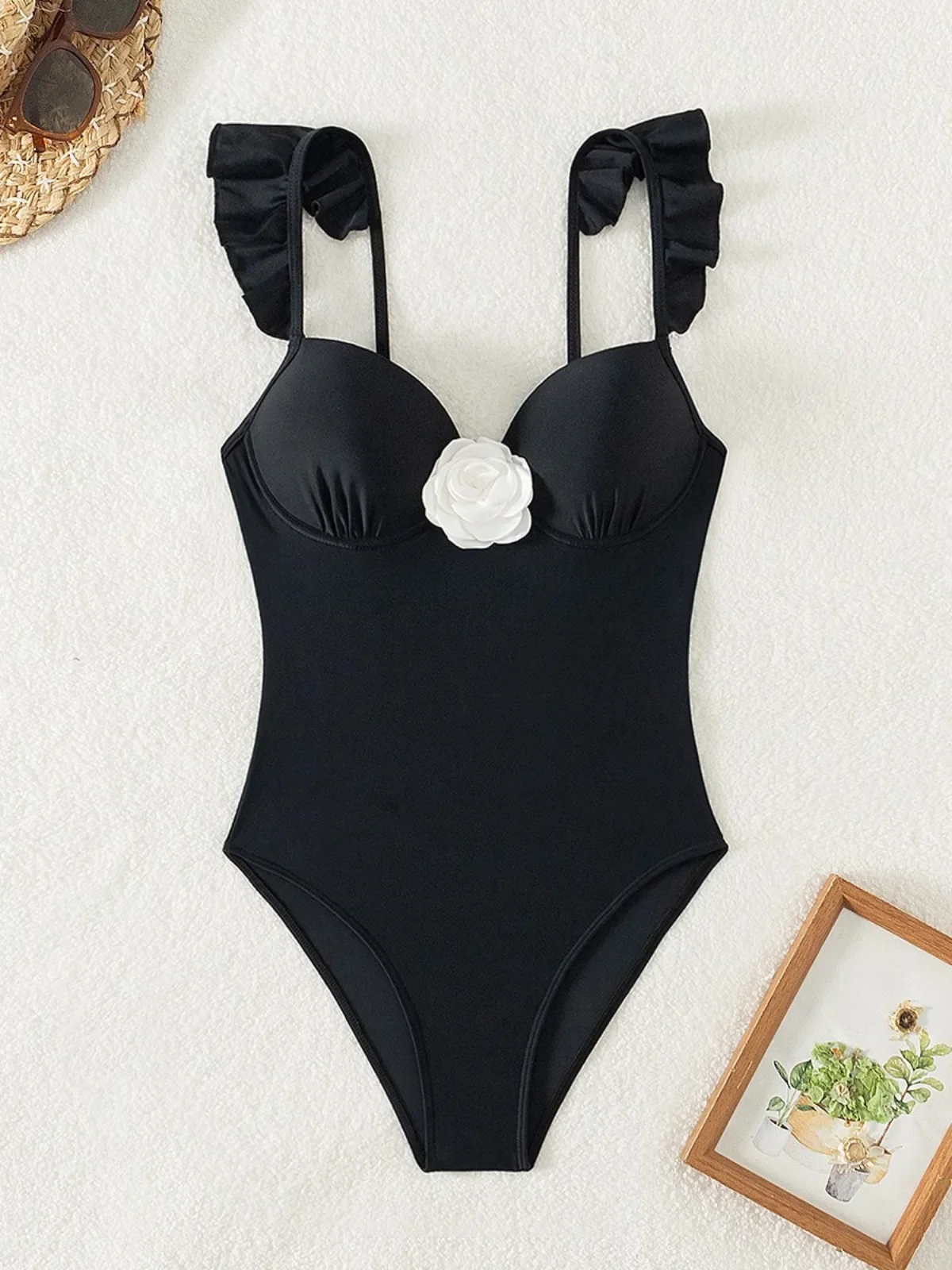 بيكيني بلون أسود قطعة واحدة ملابس السباحة للنساء مثير ثلاثية الأبعاد زهرة الحمالات كشكش عارية الذراعين Monokini ملابس الشاطئ 2025 جديد