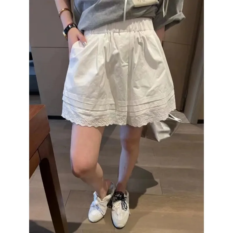 Women's White Elastic High-waist Casual Short Skirt With Layered Ruffle And Lace Trim Detail