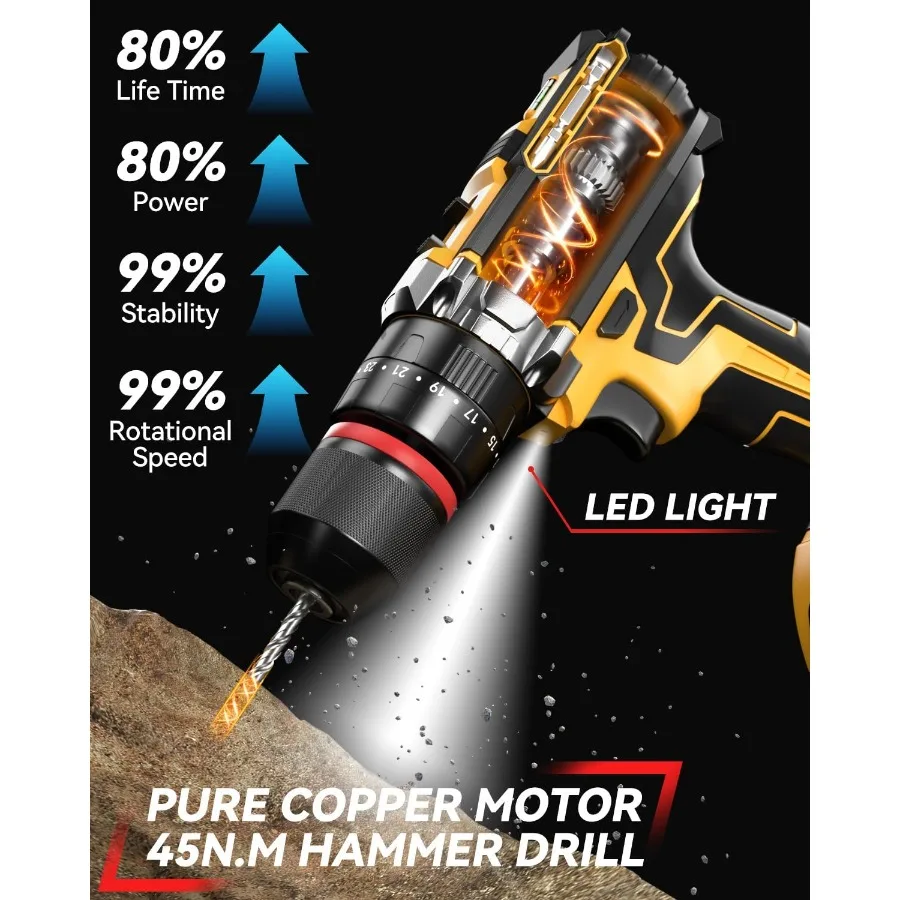 สว่านไร้สาย 21V 2x2.0Ah แบตเตอรี่ไฟฟ้าเจาะไขควงไฟฟ้าชุด 398 In-lbs Power Hammer เจาะ 25 + 3 แรงบิด