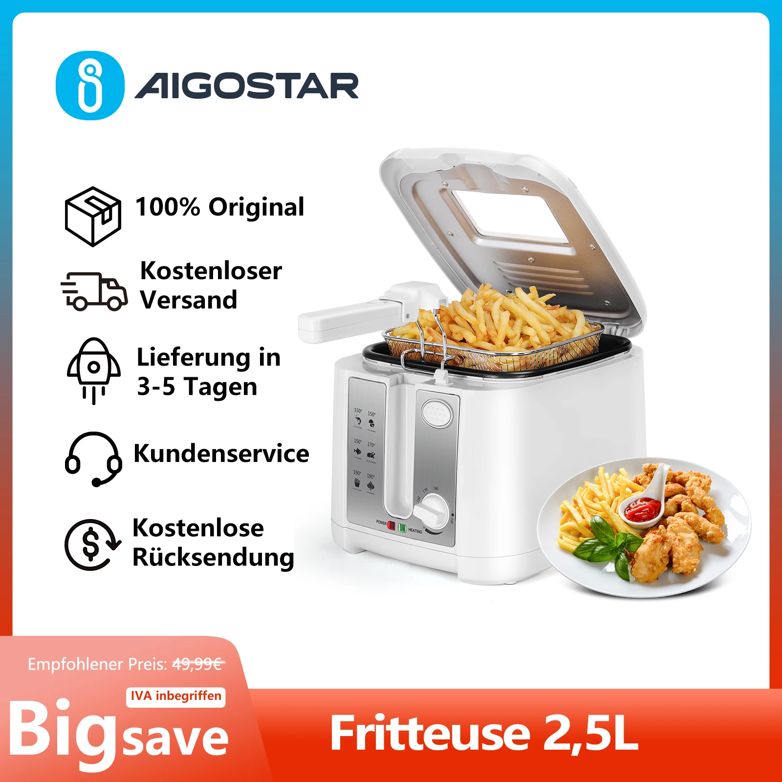Aigostar Fritteuse mit öl, 1650W, Fritteuse 2.5L mit Sichtfenster, emperaturregelung, Kontrollleuchte, Weiß