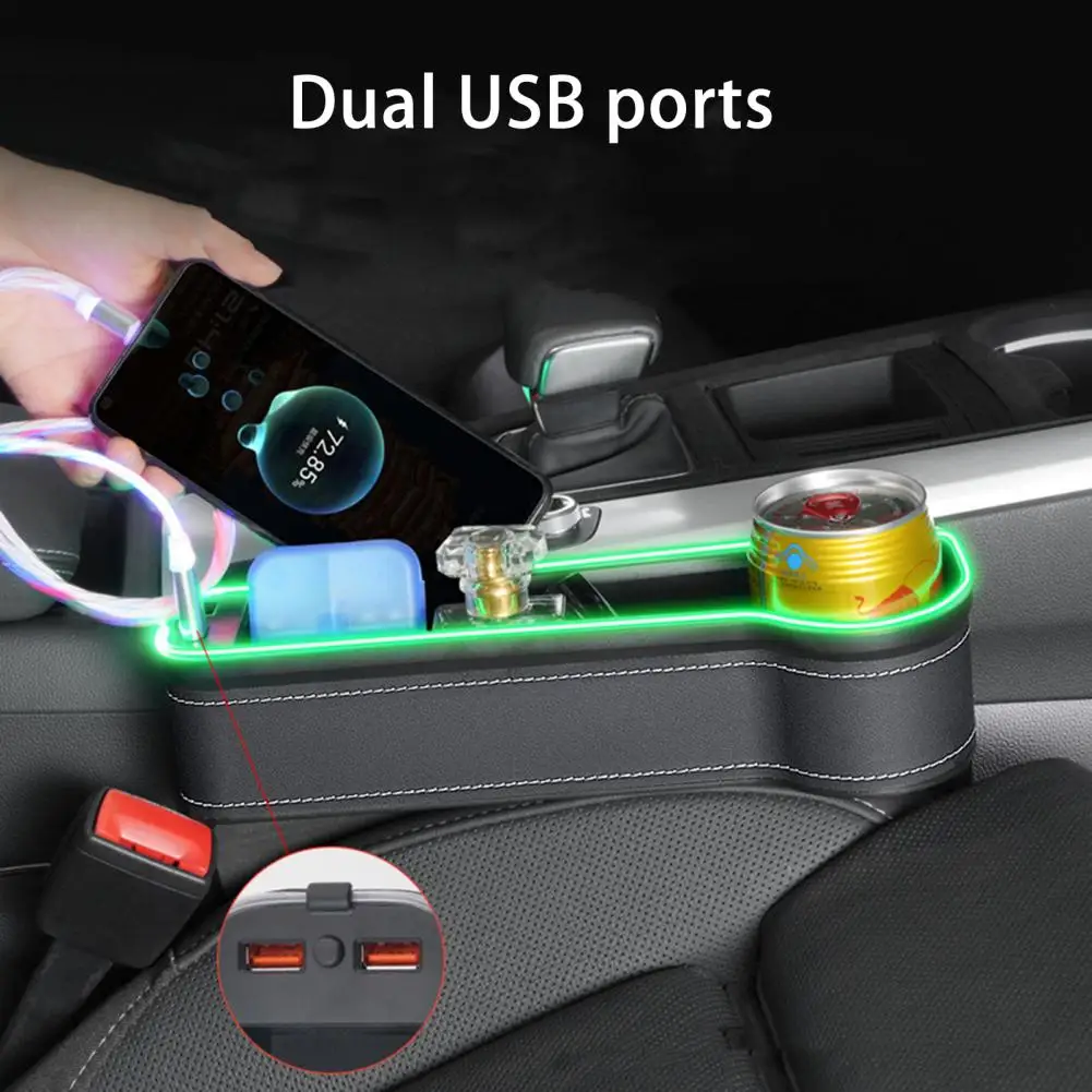 Vehicle Seat Gap Filler with Light Rgb Car Gap Storage Box with Charging 7-color Light Mode Car Seat Seam Organizer with Safe