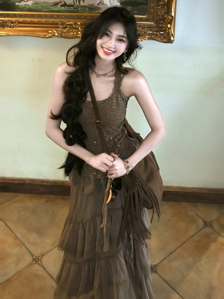 

Ретро кружевной вязаный жилет ручной работы, облегающий женский топ с бретельками, летний цельный комплект для поездок на работу