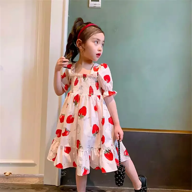 Girls Dresses 2023 Summer Short-sleeved Cotton Dress for Children's Clothing Princess Kids Strawberry Print Beach Holiday Dress