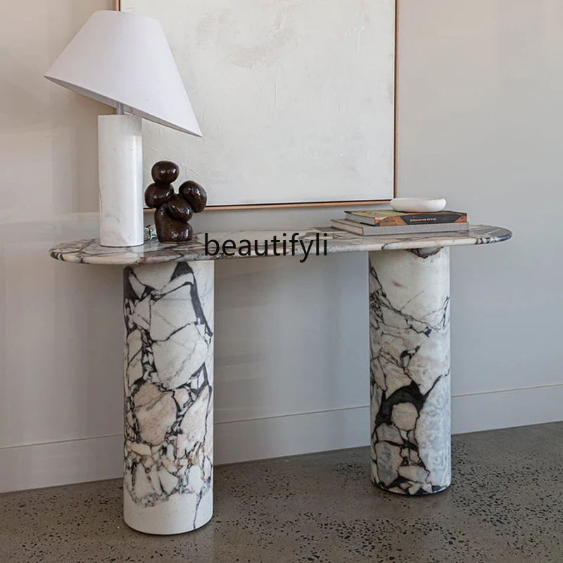 European-Style Oval Marble Porch Table Soft Design Console Tables Elephant White Narrow Table