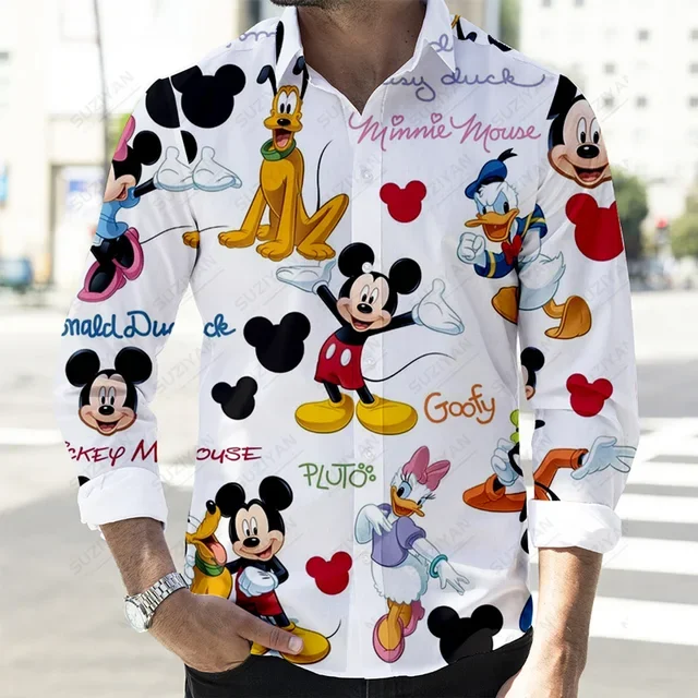 Camisa de botão disney mickey mouse masculina, blusa casual de lapela, pato Donald e pateta, nova moda outono