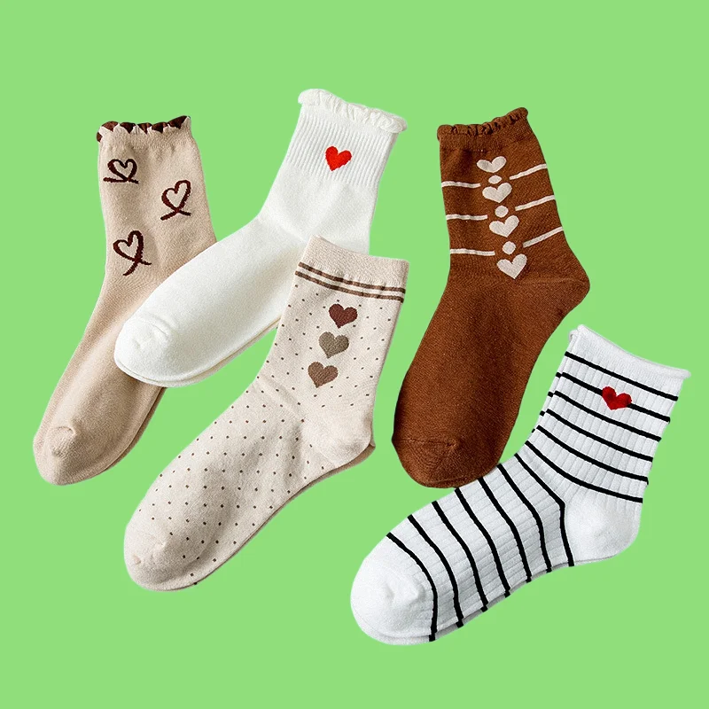 

5/10 Paris 2024 New High Quality Summer Simple Fresh Solid Women's Cotton Socks Fashion Heart Stripe Socks Cotton Mid Cap Socks