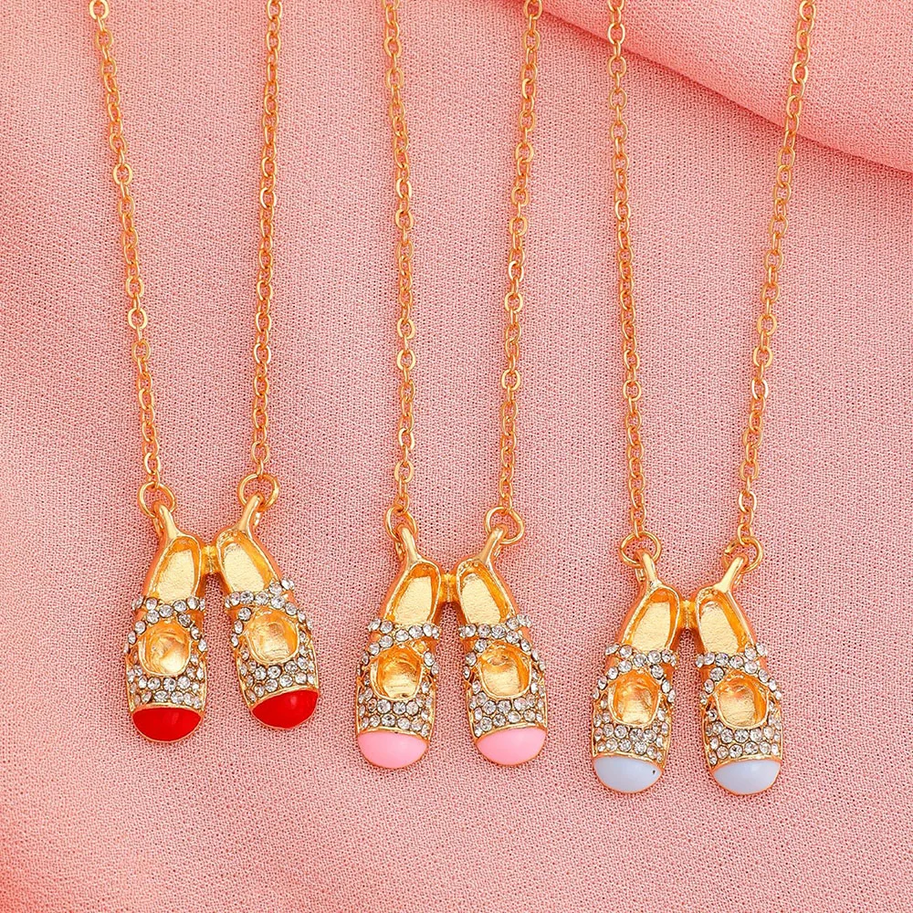 New Ballet Shoes Pendant Necklace Gold Plated Pink Enamel Dance Slipper Crystal Rhinestone Dainty Charm Collar Jewelry for Women