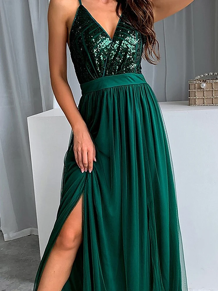 

Temperament High Waist Spliced Sleeveless Halter Dress Elegant Hollow Out Dress Sexy Sequins Backless Mesh Pleated Evening Dress
