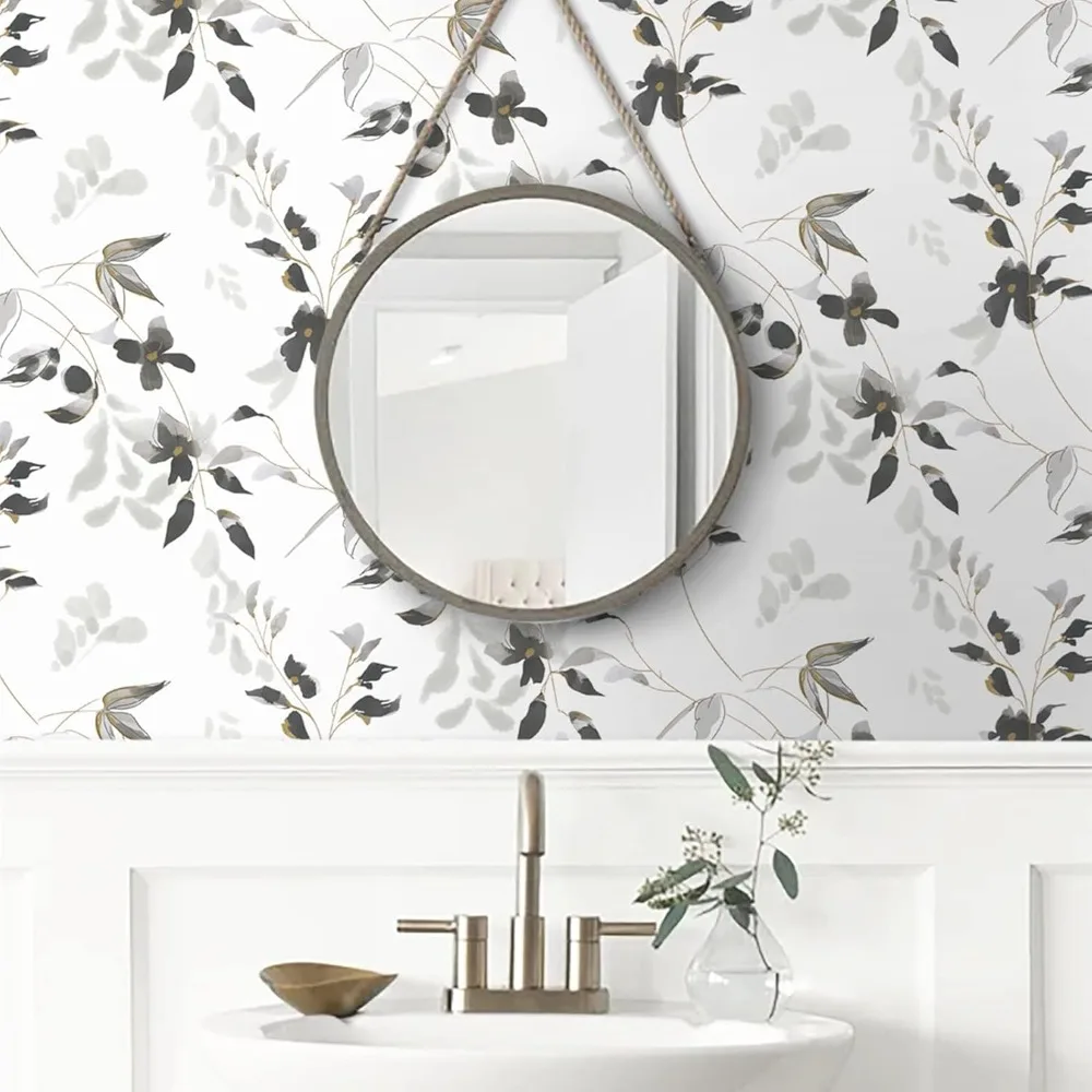 ورق جدران عصا تقشير باللونين الأبيض والأسود على شكل زهور حديثة - ورق جدران مقاوم للماء ذاتي اللصق على طراز بوهو قابل للإزالة للجدران