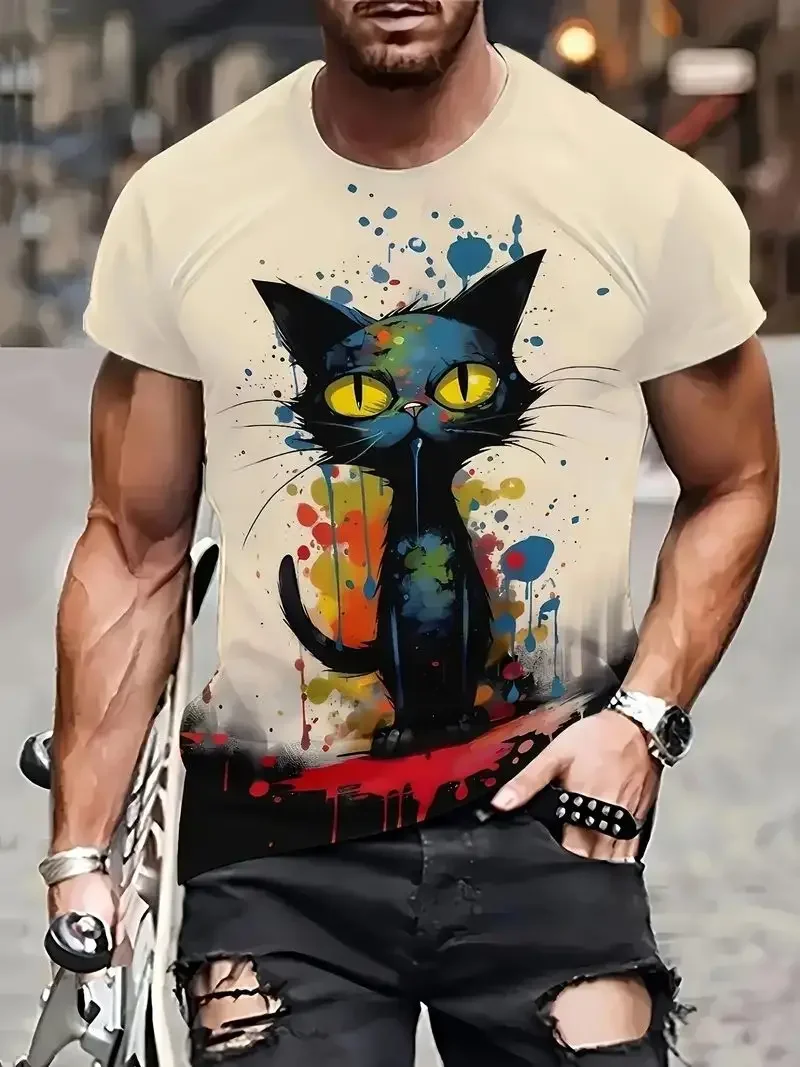 Funny 3D Animal Print Men's T Shirt Casual O-Neck Short Sleeve Pullover Fashion Male Clothing Cat