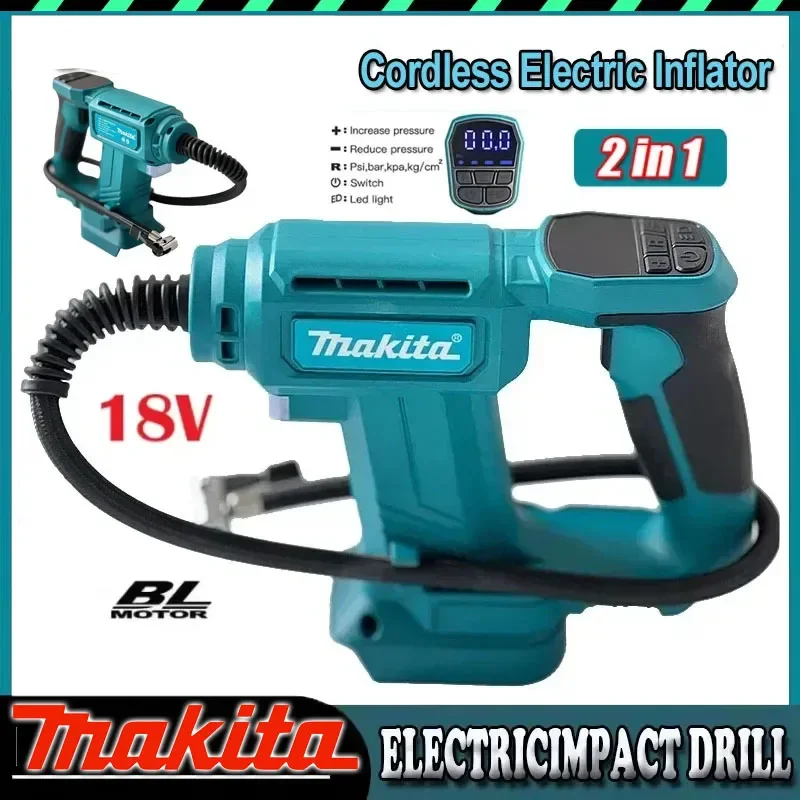 

Компрессор Makita с цифровым дисплеем, беспроводной портативный насос для накачивания шин, работающий от аккумулятора 18V.