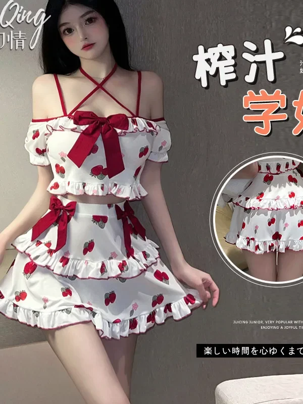 Новый милый комплект нижнего белья с клубникой, подвесные ремни для взрослых, очаровательный жирный домашний сексуальный стиль Pure Desire, студенческая форма, комплект с юбкой HNE6
