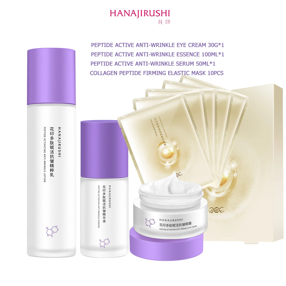 HANAJIRUSHI Skin Care Set  Peptide Active Anti-Wrinkle Serum Lotion Eye Cream Collagen Mask Moisturized Anti-aging Fine Line