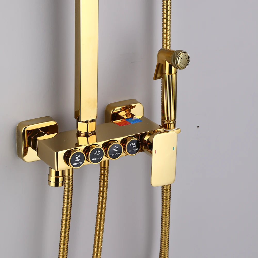 Luxury Gold Bathroom All Metal Shower Faucet Set  With Bidet Spray and Shelf Cold and Hot 4 Function Mixer