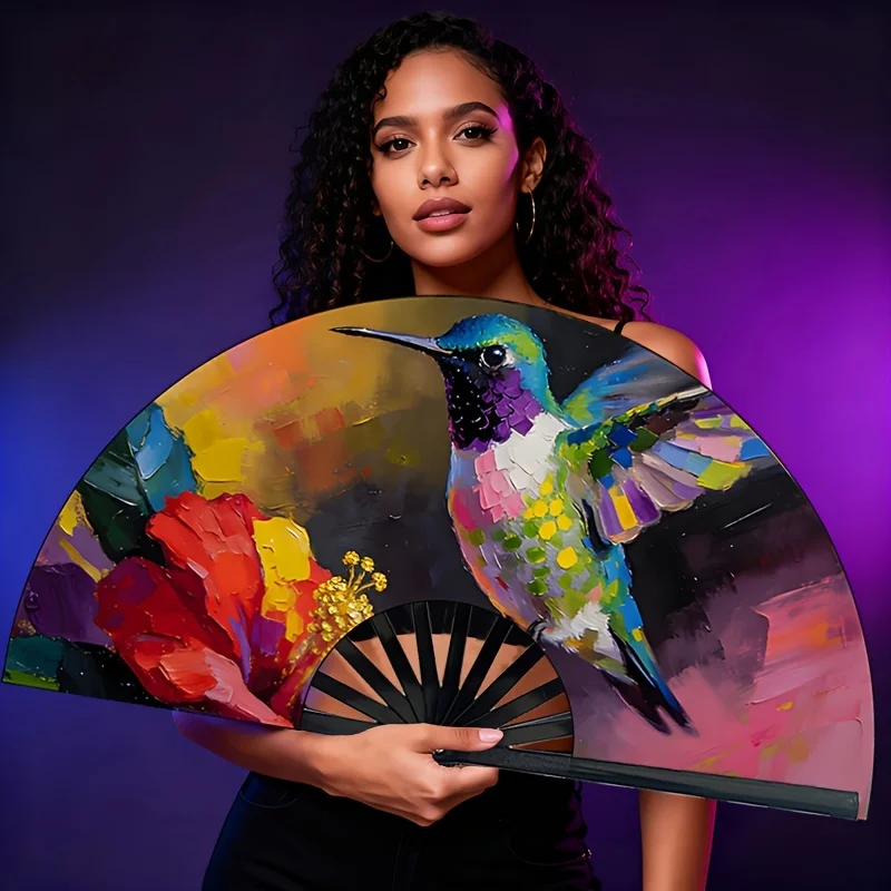 Ladies' Handheld Fan with Hummingbird And Hibiscus Design, Perfect for Outdoor Use And Travel, Parties, Dance Performances, Fashionable And Practical Additions