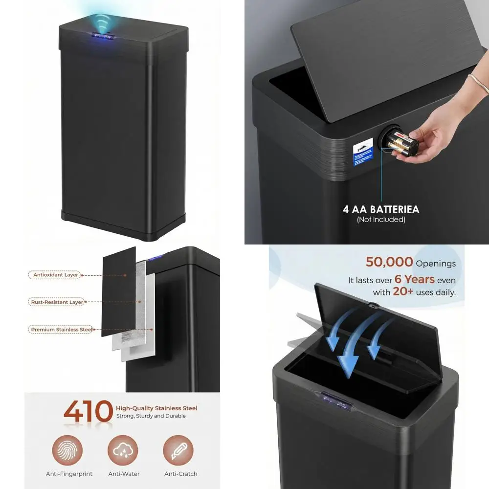 

60L Black Stainless Steel Motion Sensor Trash Can with Automatic Lid and Bag Holder for Kitchen, Office, RV, and Living Room