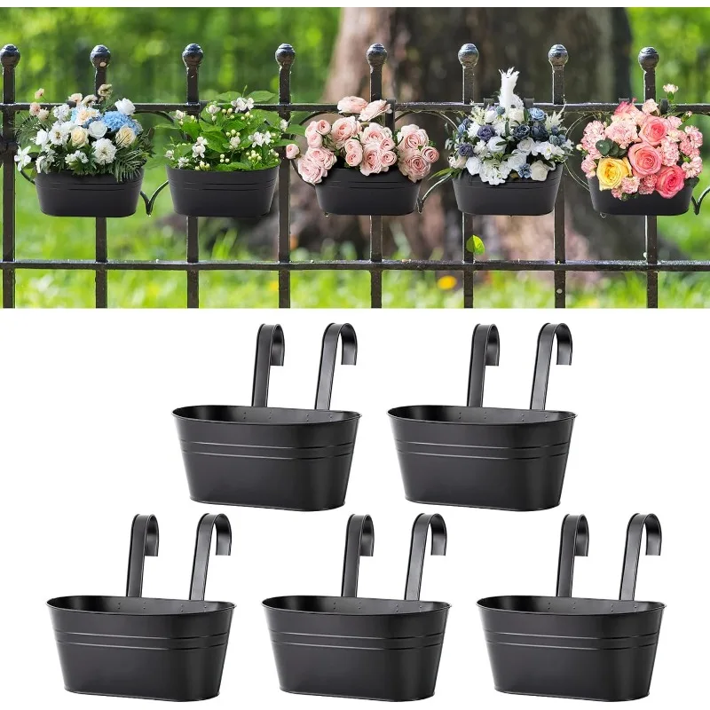 

5 Pcs Iron Hanging Flower Pots 11 Inch Hanging Planters for Outdoor Plants Metal Hanging Bucket Pots Iron Railing Fence Planter