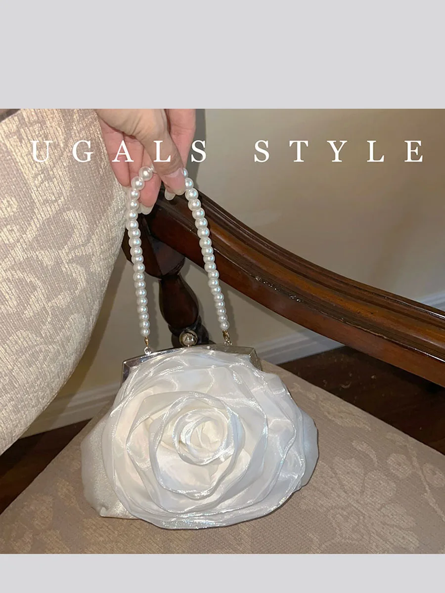 New Chinese Style Rose Flower Silk Satin Clip Dumpling Bag Evening Cloud Handbag Diagonal Shoulder Bag for Women Pearl Decor