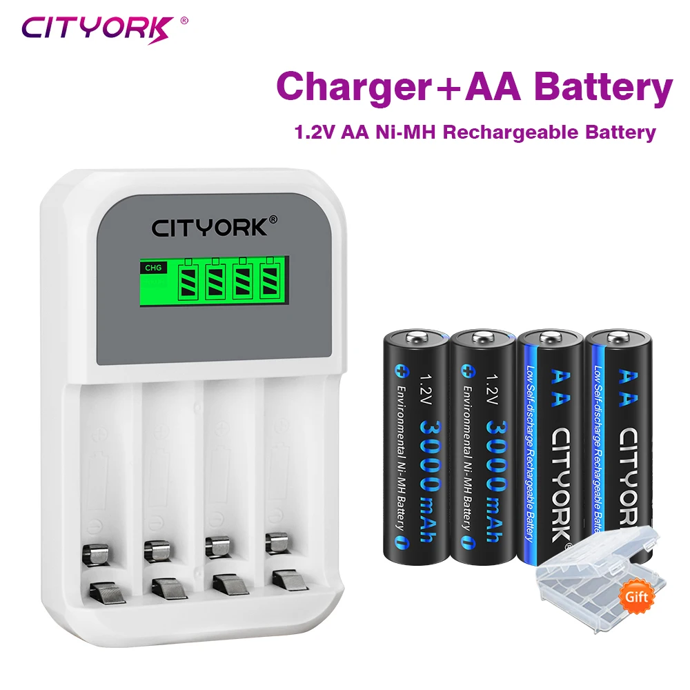 

CITYORK 1.2V NI-MH AA Rechargeable Battery 3000mAh AA Batteries LR6 LR06 2A +LCD Smart Charger For 1.2V AA AAA battery