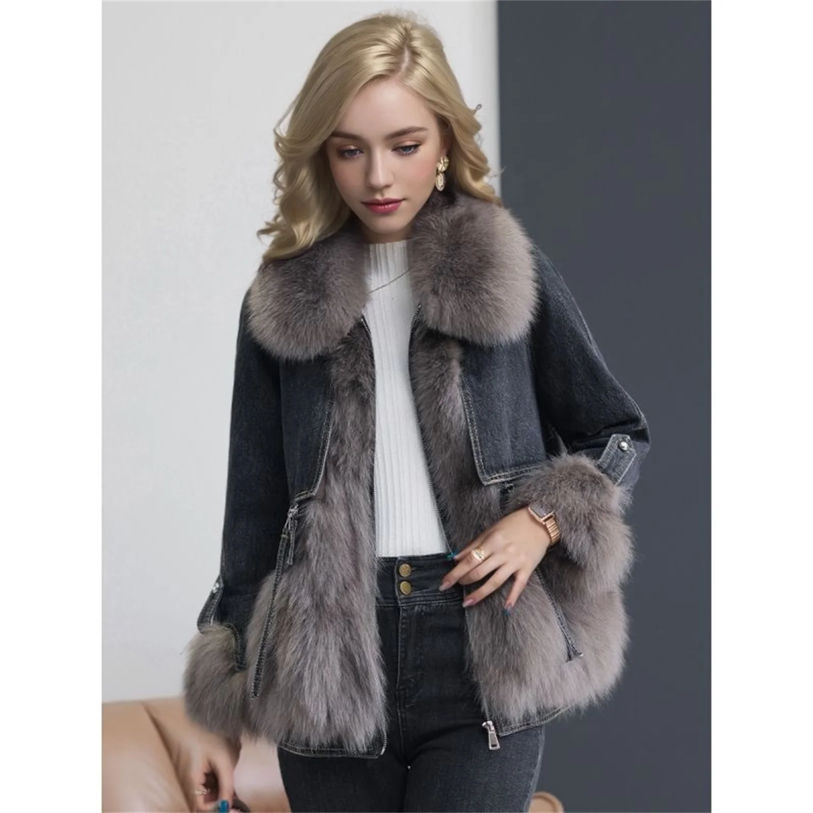 Autumn and Winter New Style with Plush and Thick Flocking Jacket Elegant Women's Simulated Fur Overcoat Denim Jacket