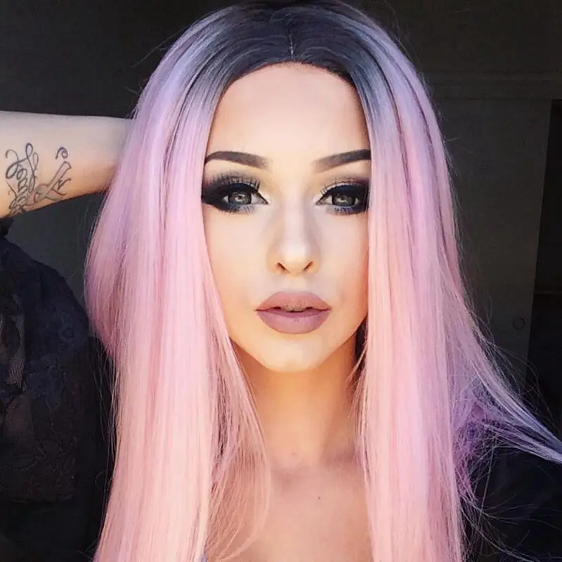 European and American women's long straight black to light pink gradient wig LAZADA