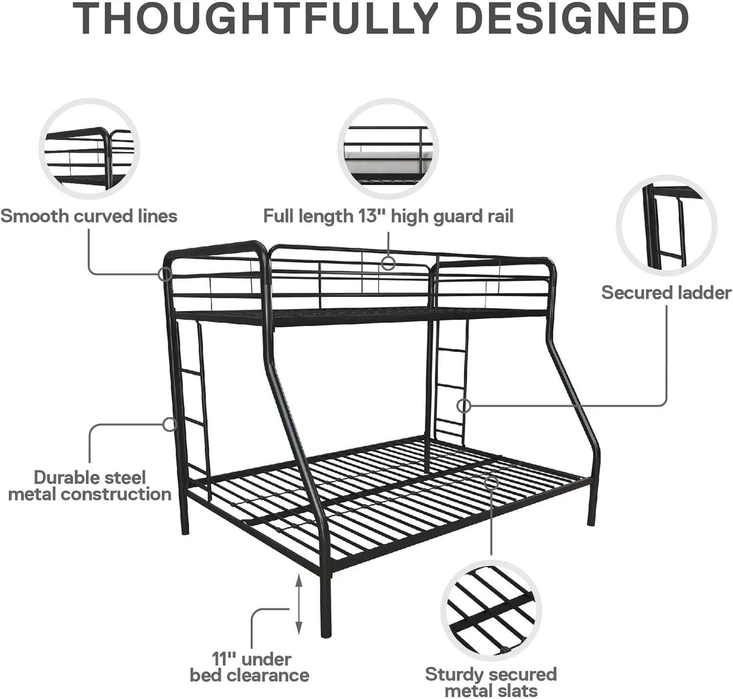 سرير بطابقين معدني مغبر مع سلالم آمنة، مزدوج/كامل، أسود #6