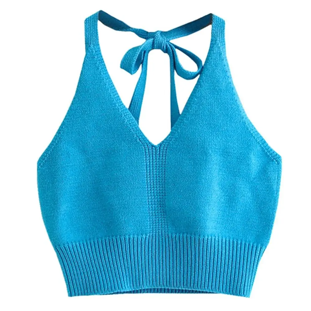 New Knitted Knitted Crop Tops Short High Stretch Hanging Neck Camisoles Soft Breathable Strap Vest Women