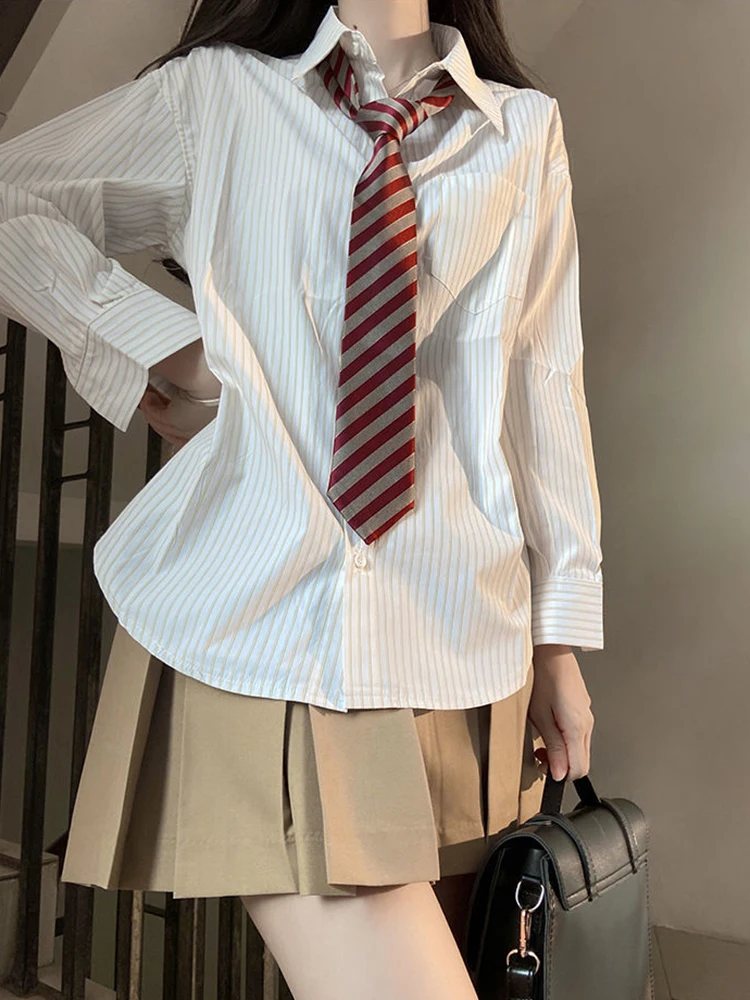 

Jmprs Cute Tie Women Shirts Fashion Striped Long Sleeve Jk Preppy Style Button Up Shirt Loose Casual Student Blouse