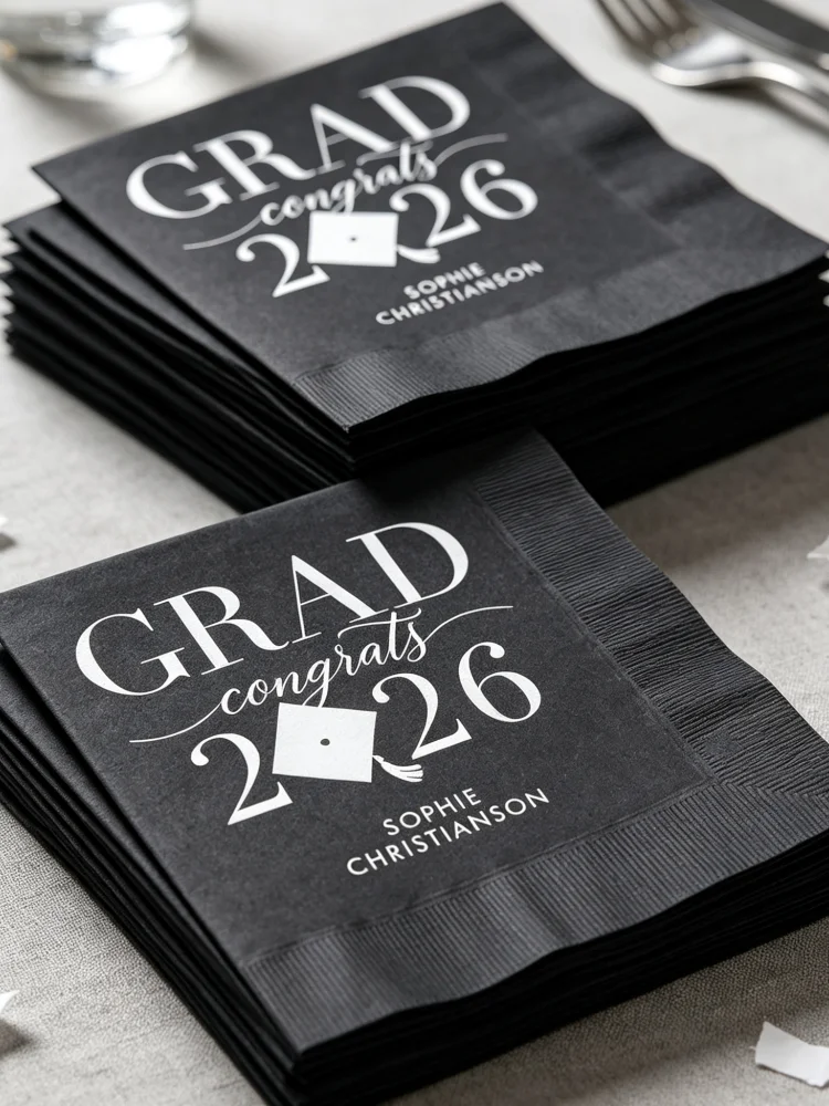 Graduation Party Napkins, Custom 2026 Grad Beverage Cocktail Napkins, Assorted Color Options for Graduation Celebration Favors
