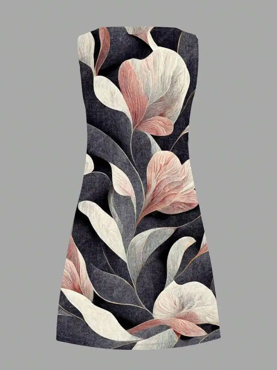 

Floral Print Sleeveless A-Line Dress With Round Neck For Casual Wear