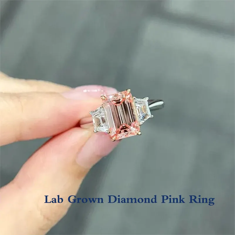 

2Ct VS VVS Emerald Pink Cut CVD HPHT Lab Grown Diamond Engagement Ring 14k Two tone gold Pink Emerald Three stone ring