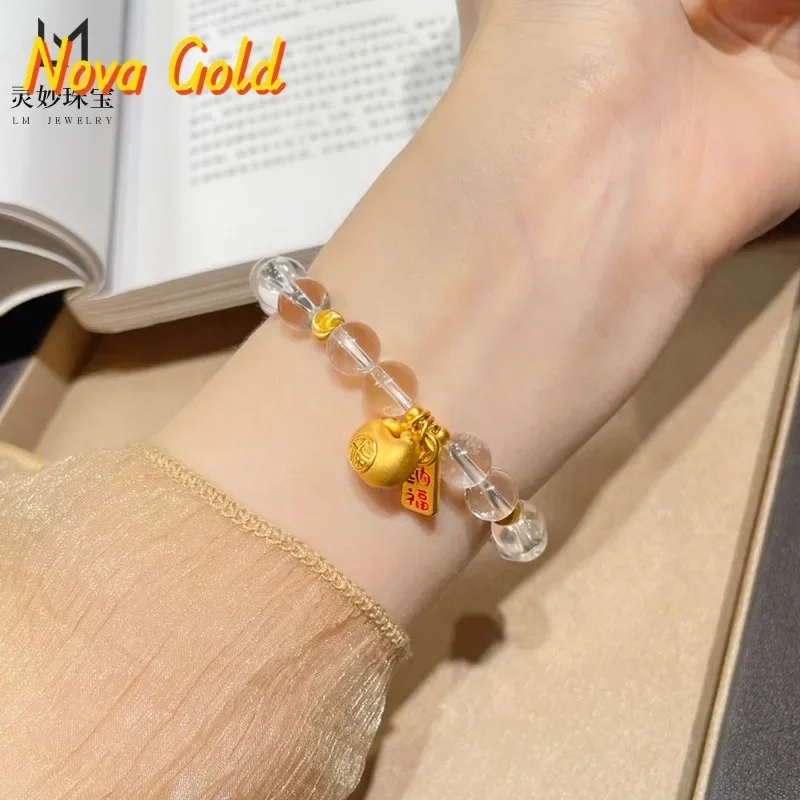

NovaGlod The same 24K real gold enamel fat white crystal bracelet cat's eye gold transfer beads 9999 retro gift for girlfriend