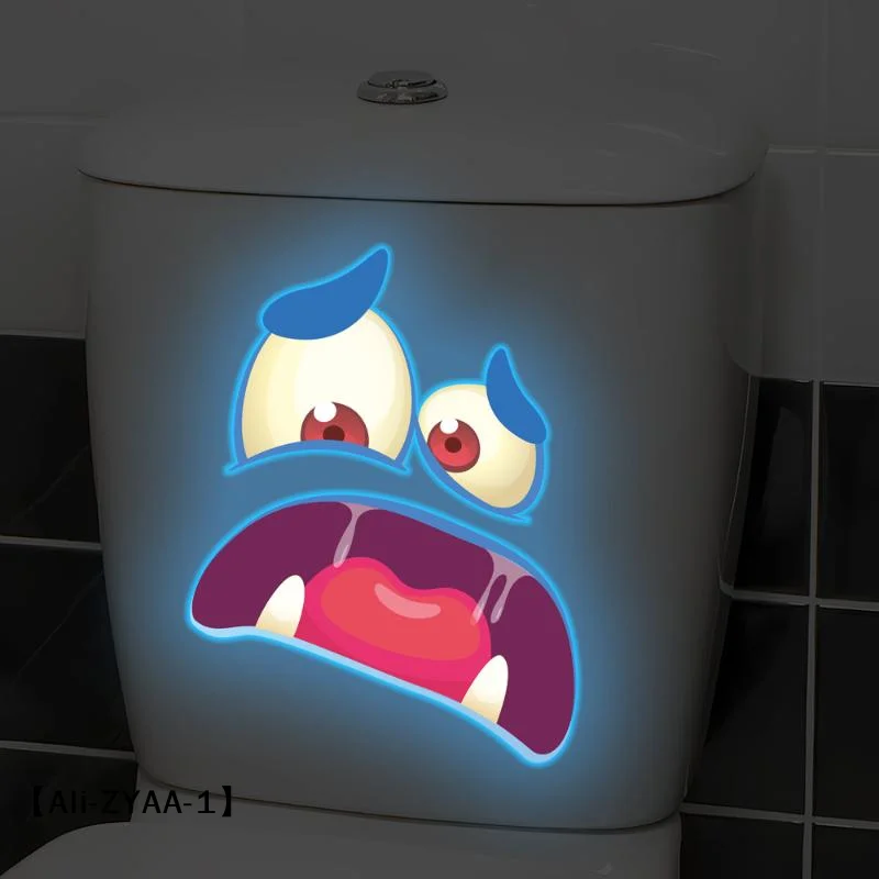 【A】Autocollants muraux pour toilettes avec des expressions amusantes qui brillent dans le noir, imperméables, amovibles et autocollants en PVC pour salle de bain