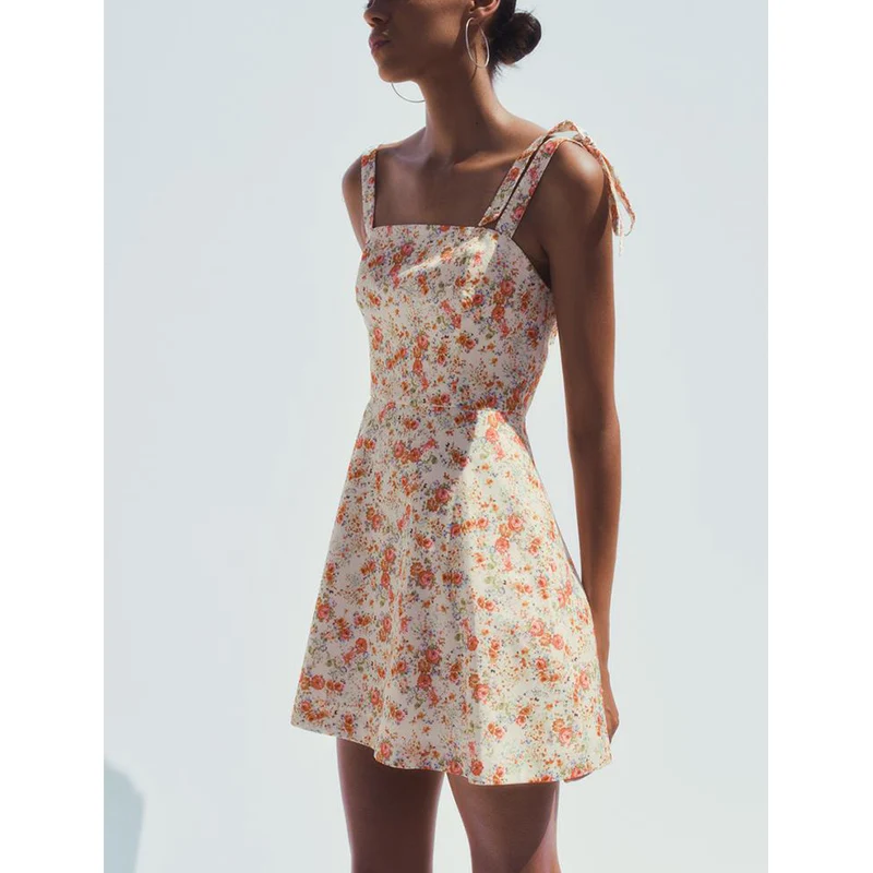 Vestido de Verano Estilo Campestre para Mujer con Estampado de Lazo de Mariposa, Cuello Recto, Tirantes, Largo Corto, Casual,...