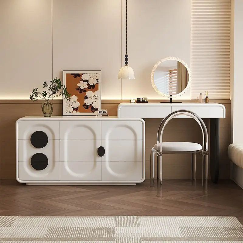プレミアム寝室用シンプルモダン無垢材クリームスタイル化粧台一体型ドレッサーチェスト