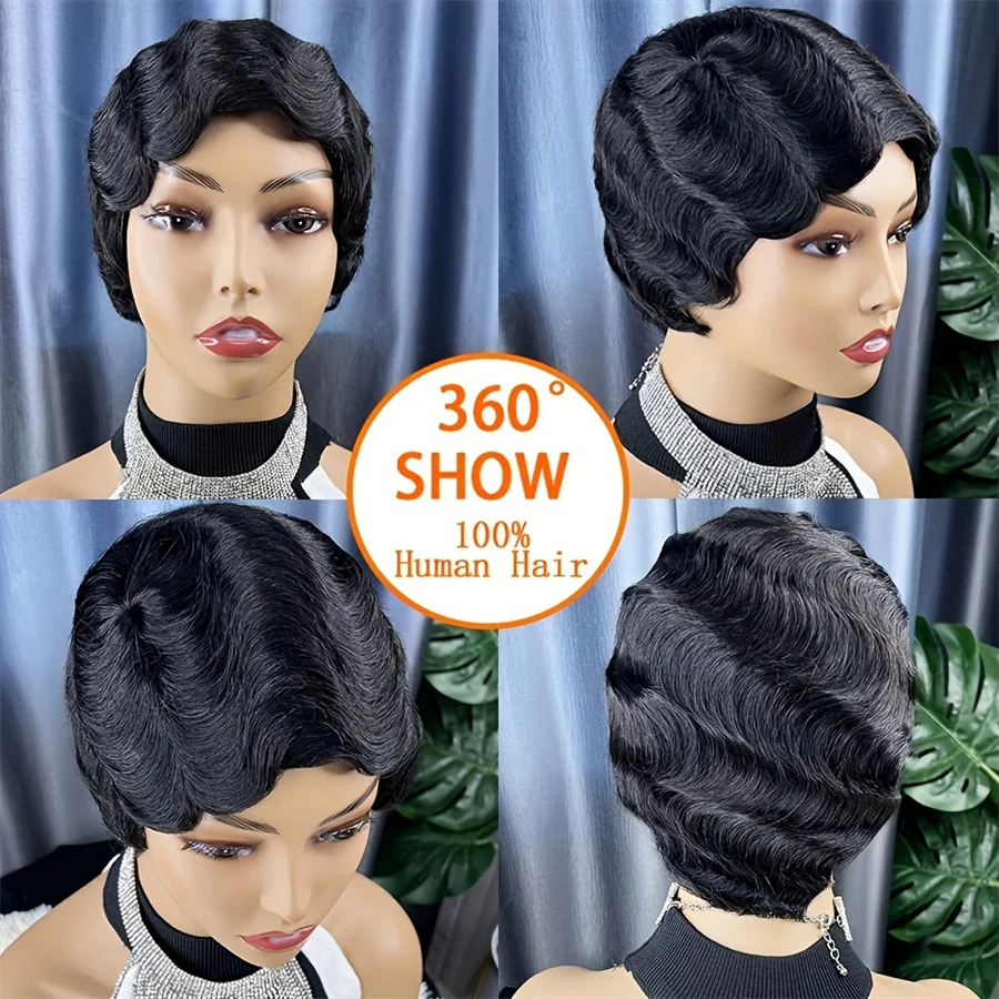 150% density remy hair 4inch natural black color machine made pixie short finger wave human hair wigs for women