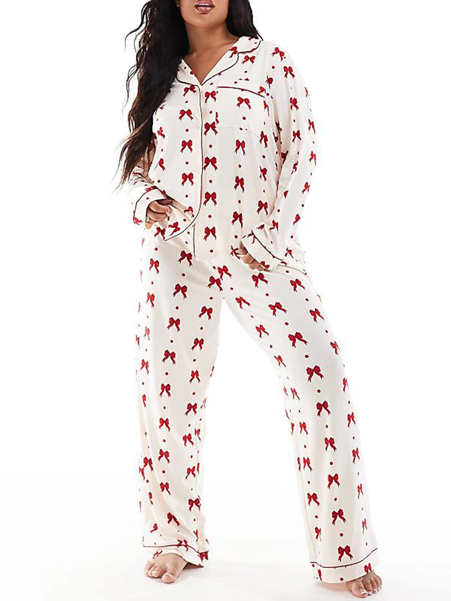 Women s Cozy Autumn Pajama Set with Polka Dot Print Long Sleeve V-Neck Top and Matching Pants Button Down Lounge Wear Outfit