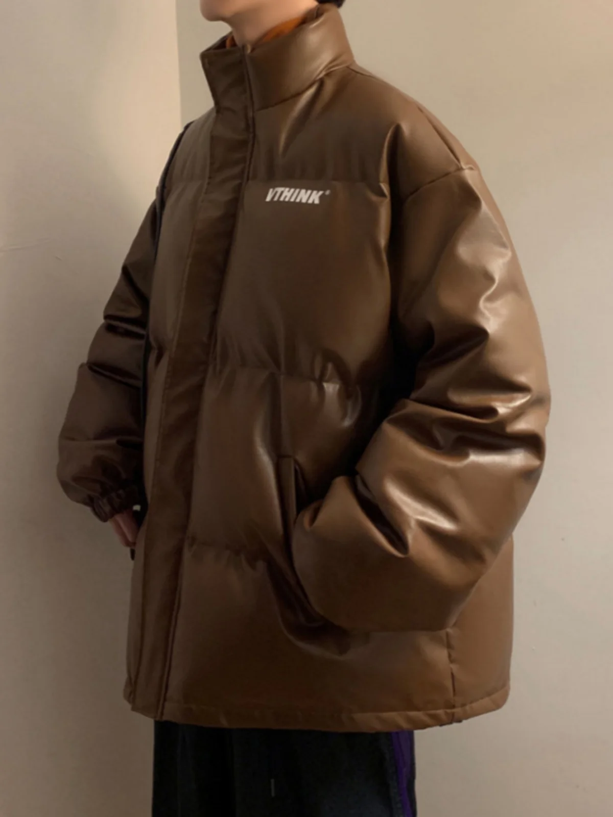 

Winter Thiened PU Leather down Cotton Jaet Men's Casual Sle Stand Collar Bread Sle Coat Warmth And Faionable