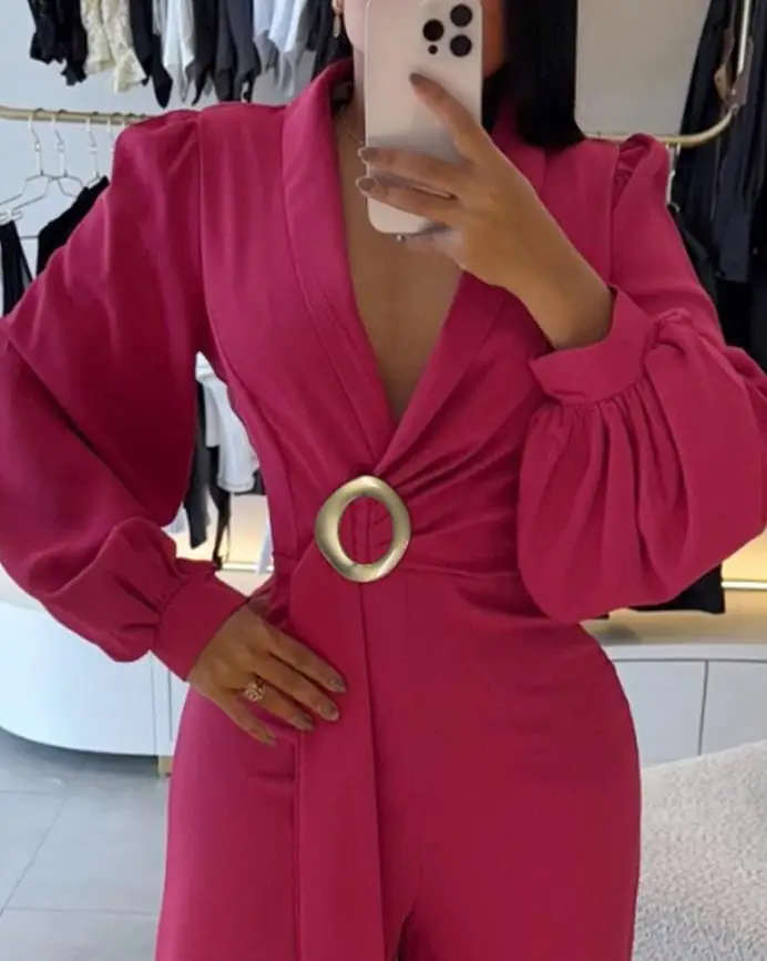 여성 롬퍼 메탈 링 장식 오버랩 V넥 랜턴 소매 지퍼 백 롱 점프수트 캐주얼 허리 조절 와이드 레그 점프수트