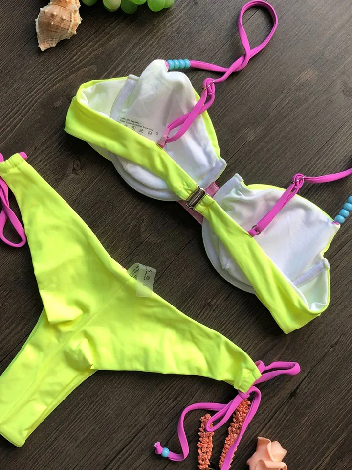 Vzvn Fashion Sexy Thong Bikinis Women Split Swimsuit Beach Vacation Bikini 2026 All Season Backless Laced Up Bikinis 2 Piece Set