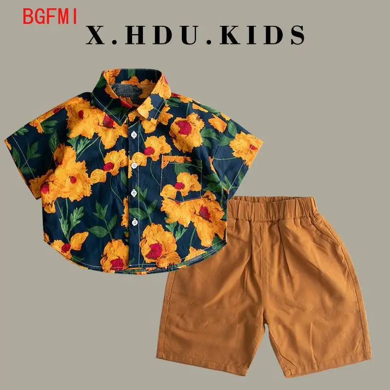 Korean Outdoor Clothes for Children New 2026 Kids Cotton Clothes Boys Short Sleeved Floral Shirt Shorts 2 Pcs Set Summer Outfits