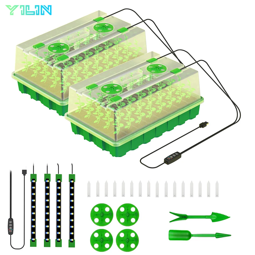 2Packs Seed Starter Kit Trays With Led Grow Lamps, Smart Timer & Dimmable, 40 Cells & 2 LED Grow Lights/1Pack, For Home Garden