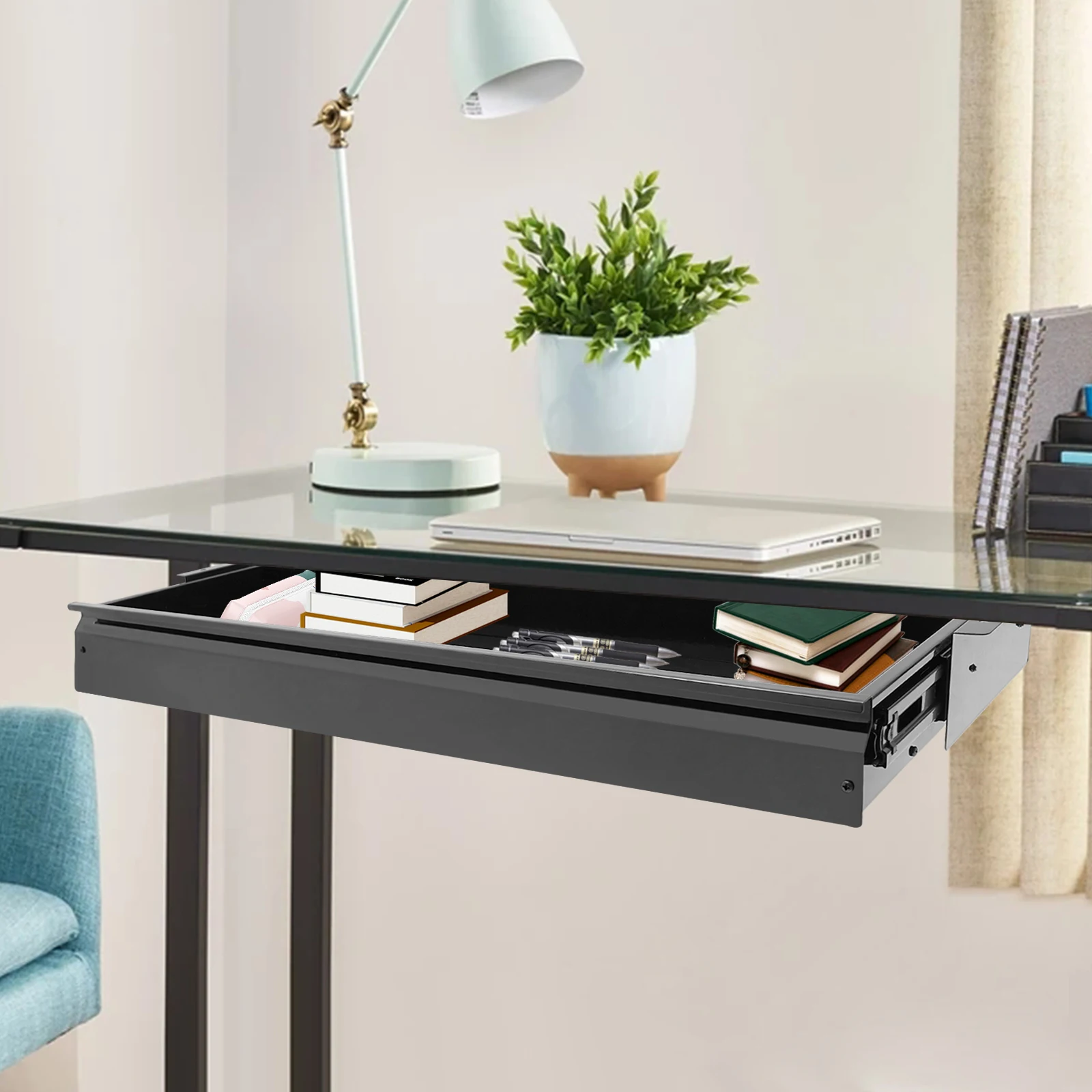 

Under Desk Drawer Slide Out Storage Tray Black Iron Mounted Organizer for Standing Desk Workstation