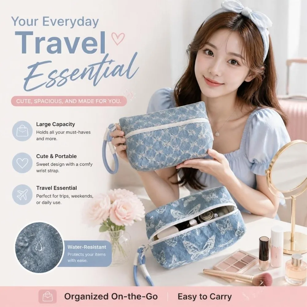 Large Capacity Butterfly Print Cosmetic Pouch Heart Washable Denim Makeup Bag Puffy Pillow Shape Travel Toiletry Bag for Women