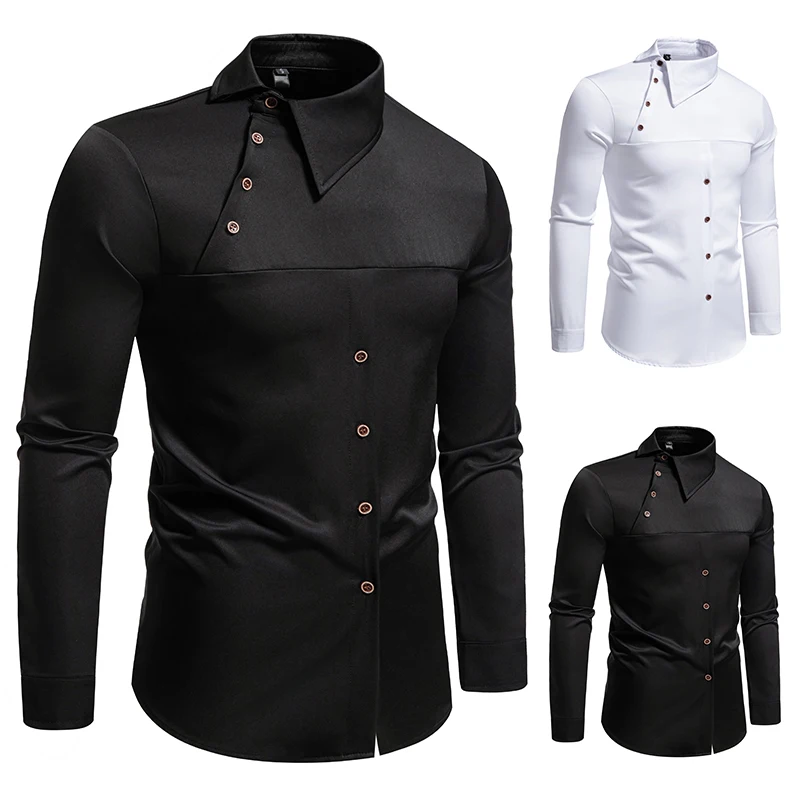 

Men Long Sleeve Shirts Personality Slant Collar Mens Dress Shirt Casual Male Top Clothes Chemise Hemd Homme Shirt S55