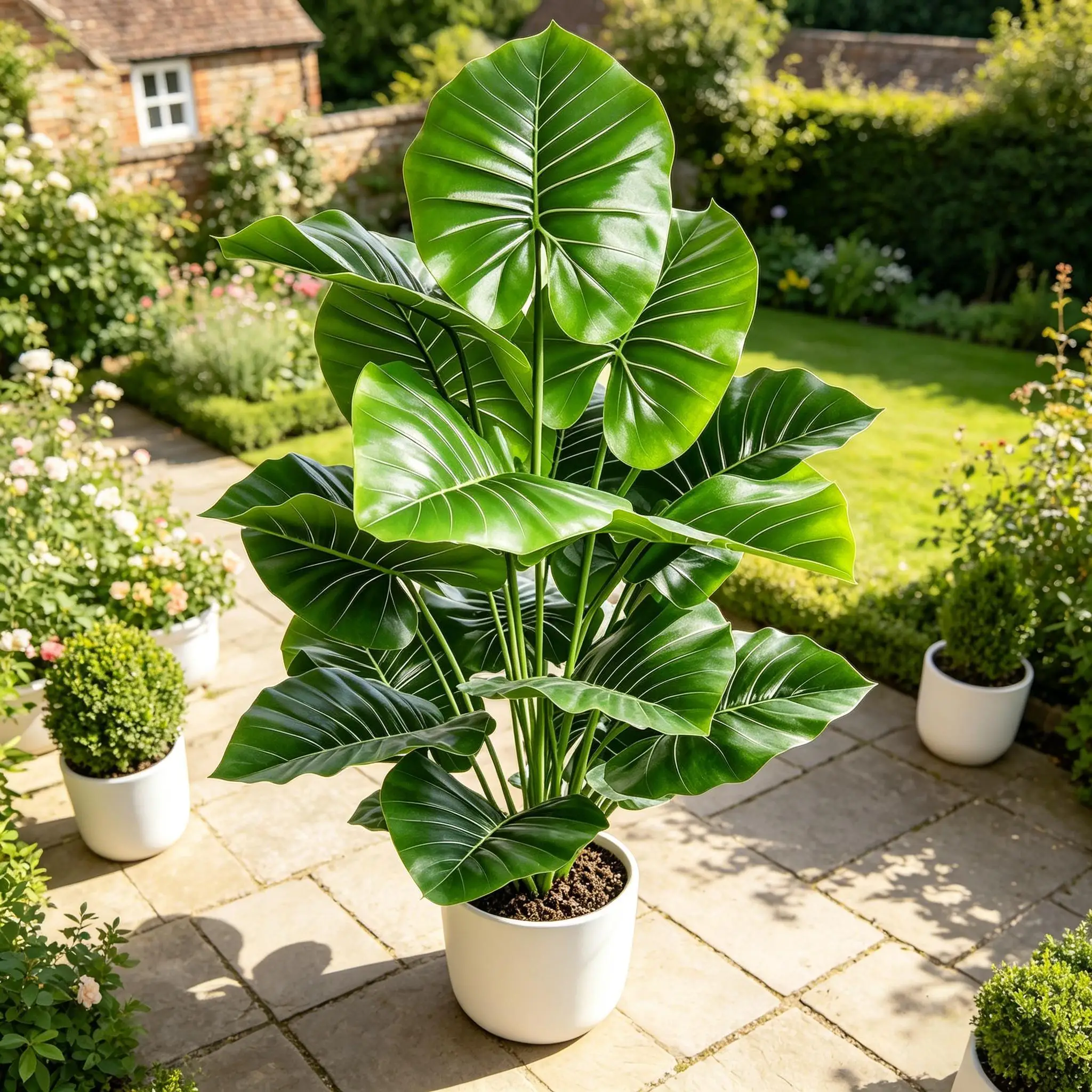 60-105cm Large Round-Leaf Alocasia Plant, Real Touch Fake Taro Tree for Home Indoor Outdoor Room Garden Office Party Decor